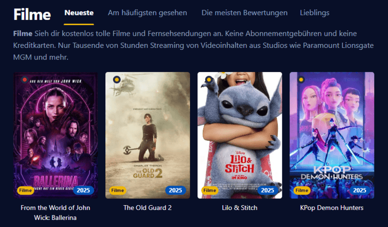 Darstellung der Oberfläche von Einschalten einer modernen Streaming Plattform mit Filmen und Serien